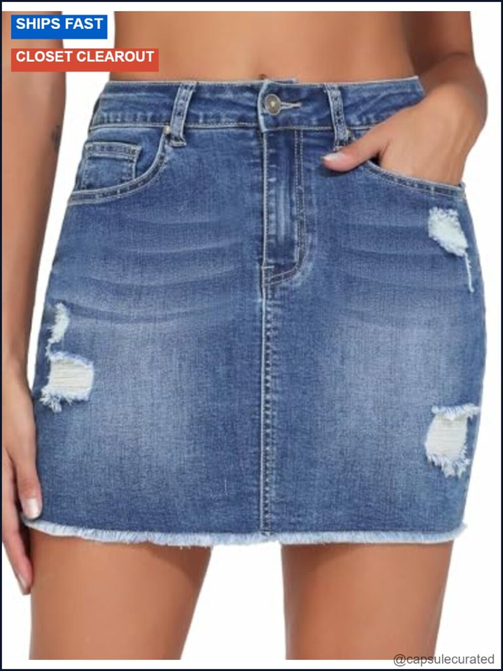 Ripped Denim Mini Skirt with Frayed Raw Hem 4 Pockets Stretchy